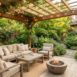 How to design outdoor living spaces with a wood pergola, string lights, lounge furniture, fire pit, and lush garden privacy screening