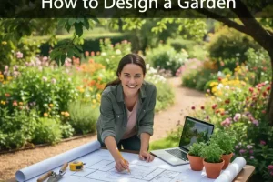 Woman planning how to design a garden using layout drawings, plants, and tools in a backyard setting
