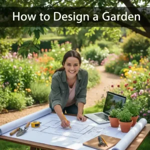 Woman planning how to design a garden using layout drawings, plants, and tools in a backyard setting