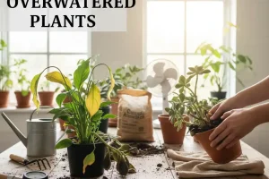 Fixing overwatered plants by repotting houseplants with soggy soil on a wooden table near a bright window