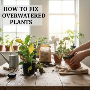 Fixing overwatered plants by repotting houseplants with soggy soil on a wooden table near a bright window