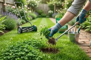 Person removing clover weeds from a lawn with tools, showing how to get rid of clover grass on lawn naturally.