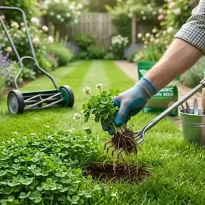 Person removing clover weeds from a lawn with tools, showing how to get rid of clover grass on lawn naturally.