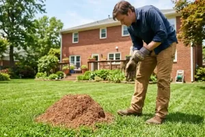 Homeowner in gardening gloves inspecting a fire ant mound in a green backyard lawn