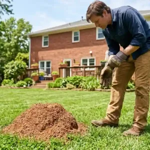 Homeowner in gardening gloves inspecting a fire ant mound in a green backyard lawn