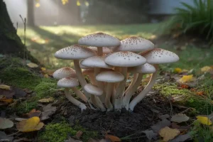 Cluster of mushrooms growing in grass showing how to get rid of mushrooms in yard naturally