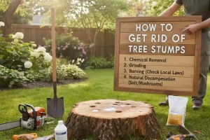 Man removing tree stump with tools showing how to get rid of tree trunks safely in a backyard