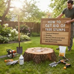 Man removing tree stump with tools showing how to get rid of tree trunks safely in a backyard