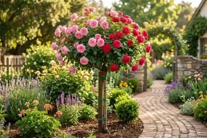 A staked rose tree standard with pink and red blooms growing in a sunny garden with a brick pathway, showing how to grow a rose tree properly