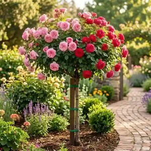 A staked rose tree standard with pink and red blooms growing in a sunny garden with a brick pathway, showing how to grow a rose tree properly