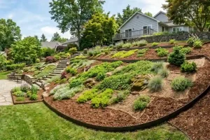 Gardener securing jute netting over shredded bark mulch on a hillside slope using landscape staples to prevent erosion and keep mulch in place