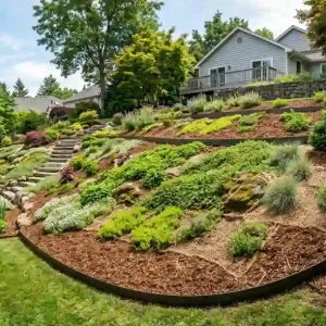 Gardener securing jute netting over shredded bark mulch on a hillside slope using landscape staples to prevent erosion and keep mulch in place