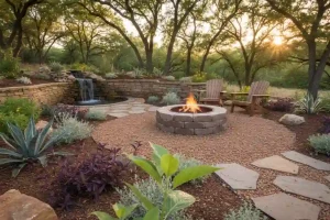 Low cost backyard fire pit landscape design with gravel base, stone seating, and natural plants