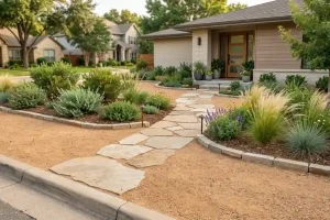 Low maintenance front yard landscape ideas with flagstone path, ornamental grasses, native shrubs, and decomposed granite ground cover.