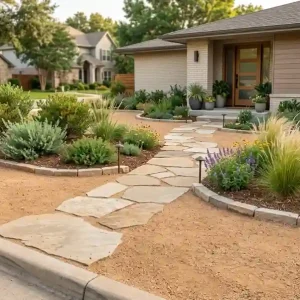 Low maintenance front yard landscape ideas with flagstone path, ornamental grasses, native shrubs, and decomposed granite ground cover.