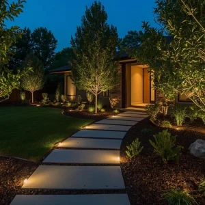 How to install low voltage landscape lighting in a modern front yard with LED path lights, tree uplighting, and a clean, professional layout at dusk.
