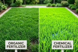 what is non medical home care concept shown with organic vs chemical fertilizer lawn comparison