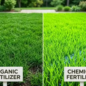 what is non medical home care concept shown with organic vs chemical fertilizer lawn comparison