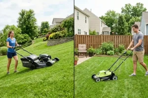 Woman using a Honda self-propelled mower on a sloped backyard lawn, next to a man pushing a lightweight electric push mower on a small flat yard.