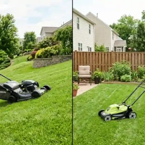 Woman using a Honda self-propelled mower on a sloped backyard lawn, next to a man pushing a lightweight electric push mower on a small flat yard.