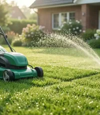 Should You Water Your Lawn After Mowing homeowner mowing green lawn with sprinkler running in morning light