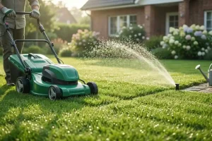Should You Water Your Lawn After Mowing homeowner mowing green lawn with sprinkler running in morning light