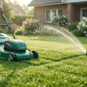 Should You Water Your Lawn After Mowing homeowner mowing green lawn with sprinkler running in morning light