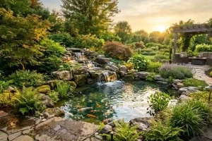 What are the benefits of having a water feature natural stone waterfall flowing into a koi pond surrounded by lush garden landscaping at golden hour
