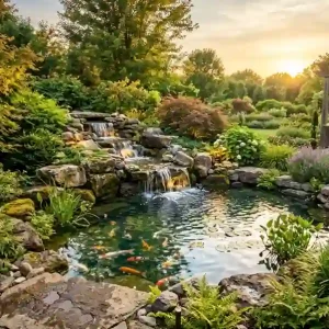 What are the benefits of having a water feature natural stone waterfall flowing into a koi pond surrounded by lush garden landscaping at golden hour