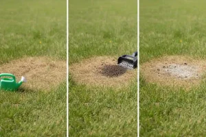 Brown patch lawn repair process showing treatment steps for grass damage and brown patches in grass