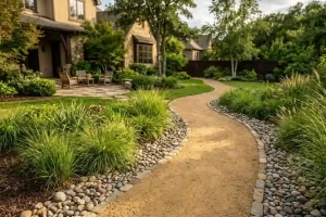 Decomposed granite pathway bordered by river stones and ornamental grasses in a residential backyard What Is Decomposed Granite used for landscaping 155 characters