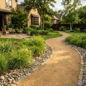 Decomposed granite pathway bordered by river stones and ornamental grasses in a residential backyard What Is Decomposed Granite used for landscaping 155 characters