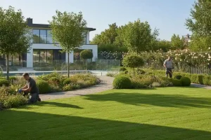 Gardeners trimming shrubs and lawn at a modern home demonstrating what is landscape maintenance in action