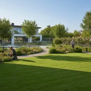Gardeners trimming shrubs and lawn at a modern home demonstrating what is landscape maintenance in action