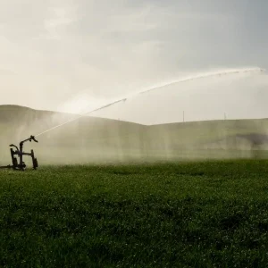 What is a irrigation system shown by a sprinkler irrigating green farmland with controlled water spray