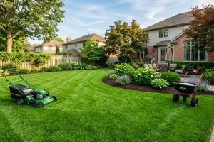 What is the difference between lawn care and lawn maintenance shown with a green John Deere lawn mower and fertilizer spreader on a manicured suburban backyard lawn