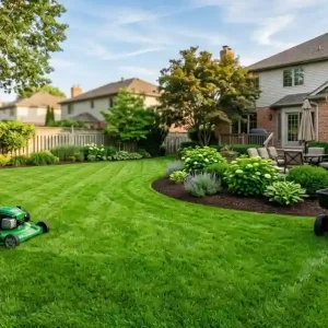 What is the difference between lawn care and lawn maintenance shown with a green John Deere lawn mower and fertilizer spreader on a manicured suburban backyard lawn