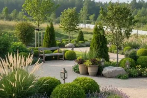 Landscape garden with pathway and plants grouped in threes demonstrating the rule of 3 landscaping design