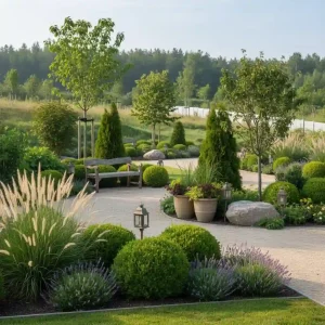 Landscape garden with pathway and plants grouped in threes demonstrating the rule of 3 landscaping design