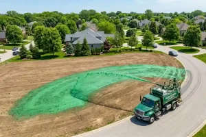 What is hydroseeding — aerial view of a green hydroseeding truck spraying slurry over a bare residential lawn