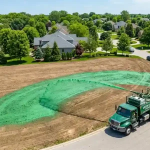 What is hydroseeding — aerial view of a green hydroseeding truck spraying slurry over a bare residential lawn