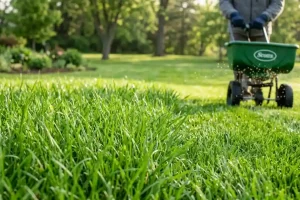 Person using a broadcast spreader to fertilise grass on a lush green lawn in spring