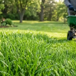 Person using a broadcast spreader to fertilise grass on a lush green lawn in spring